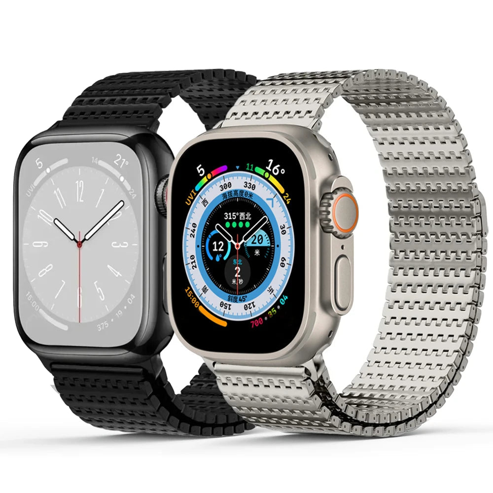 Two Apple Watches side by side: one with a black band and the other with a stainless steel Milanese loop band.