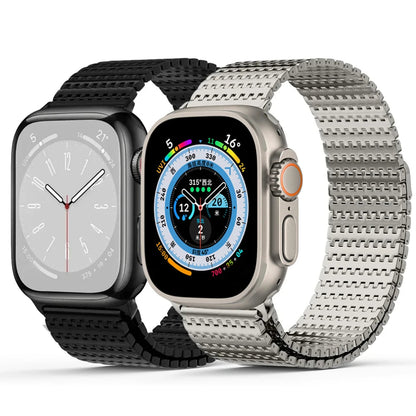 Two Apple Watches side by side: one with a black band and the other with a stainless steel Milanese loop band.