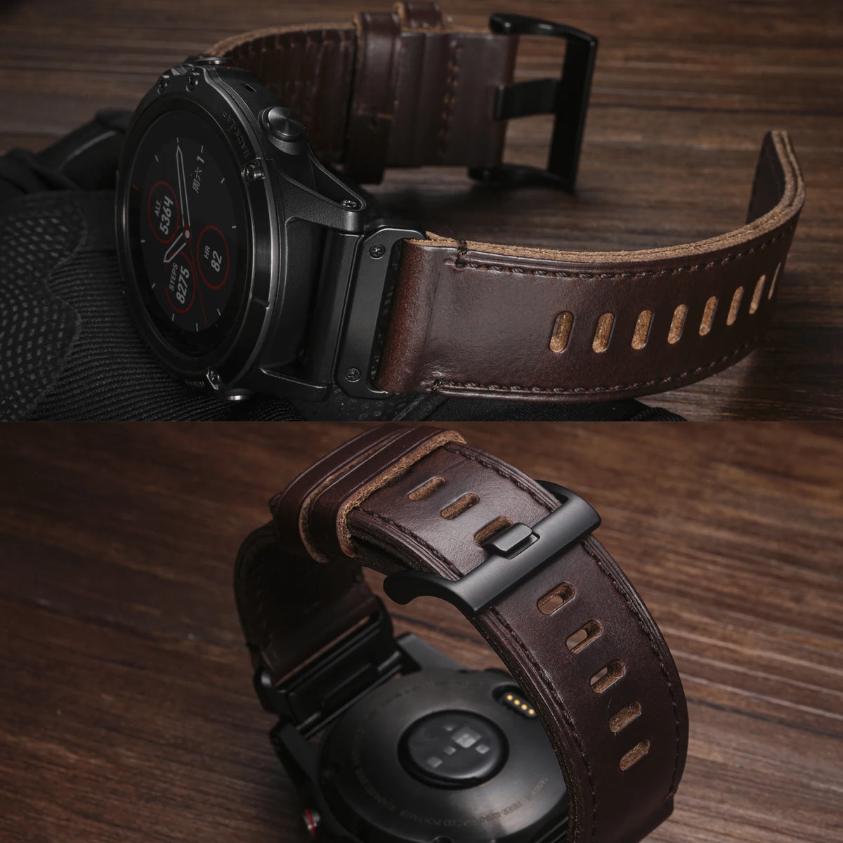Garmin QuickFit Horween Leather Buckle Band brown leather band with buckle views