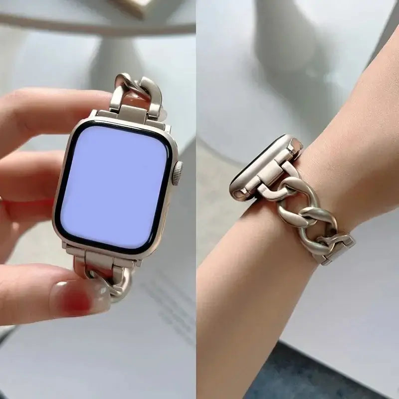 Apple Watch chain bracelet front view and folding clasp worn on wrist