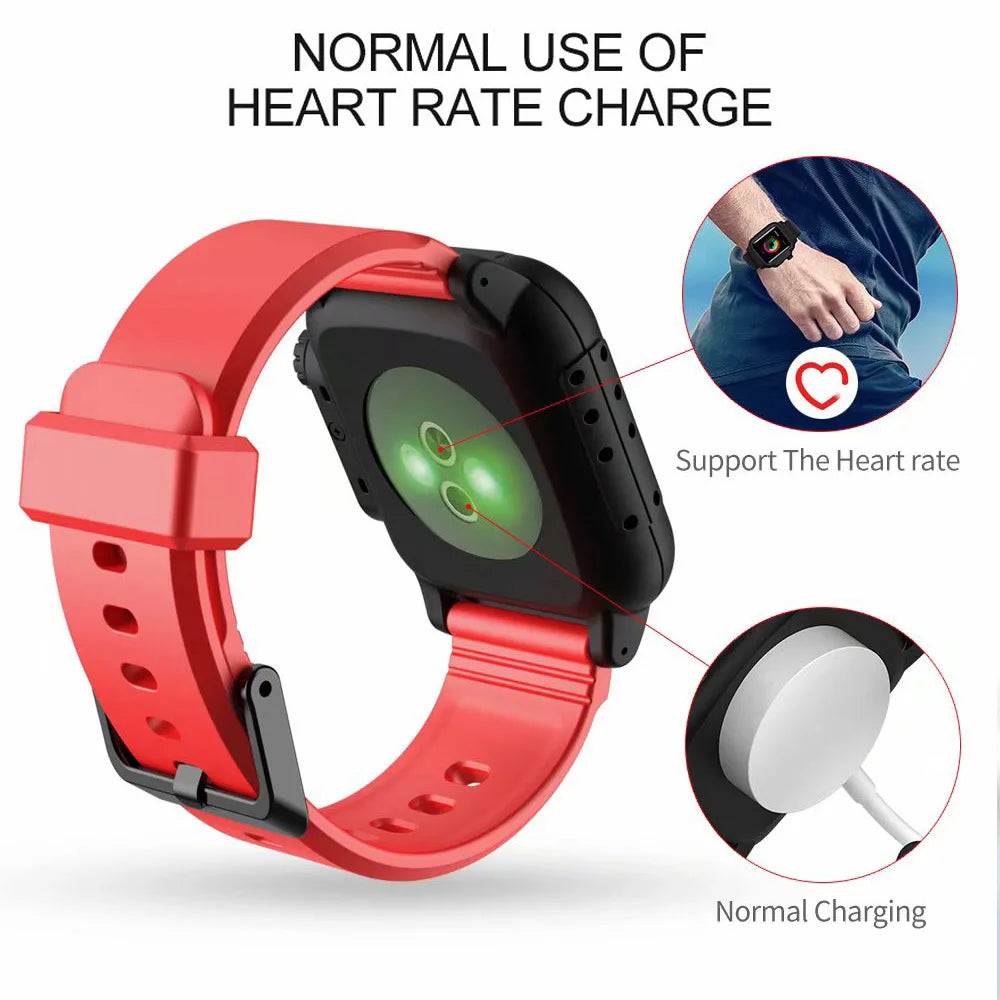 Red strap and black case showing the rear sensor opening for Apple Watch