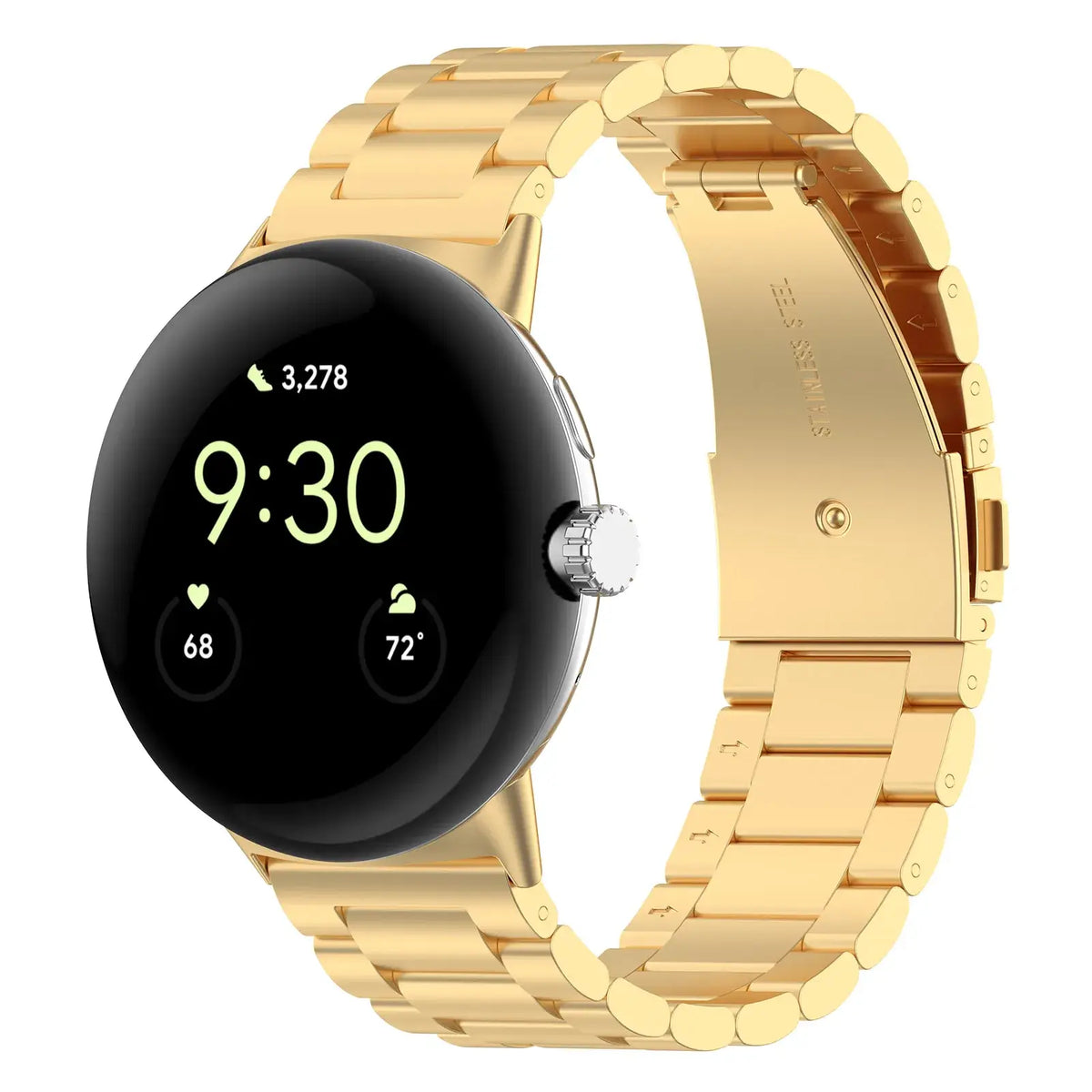 Front view of gold steel Pixel Watch bracelet