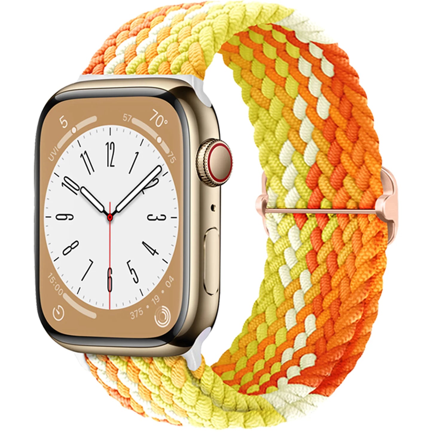 Apple Watch with braided orange and yellow nylon strap, showcasing a stylish and comfortable design.