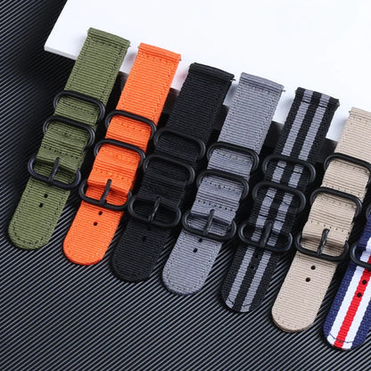 Colorful Garmin replacement bands in nylon, featuring green, orange, black, gray, and striped designs for smartwatches.