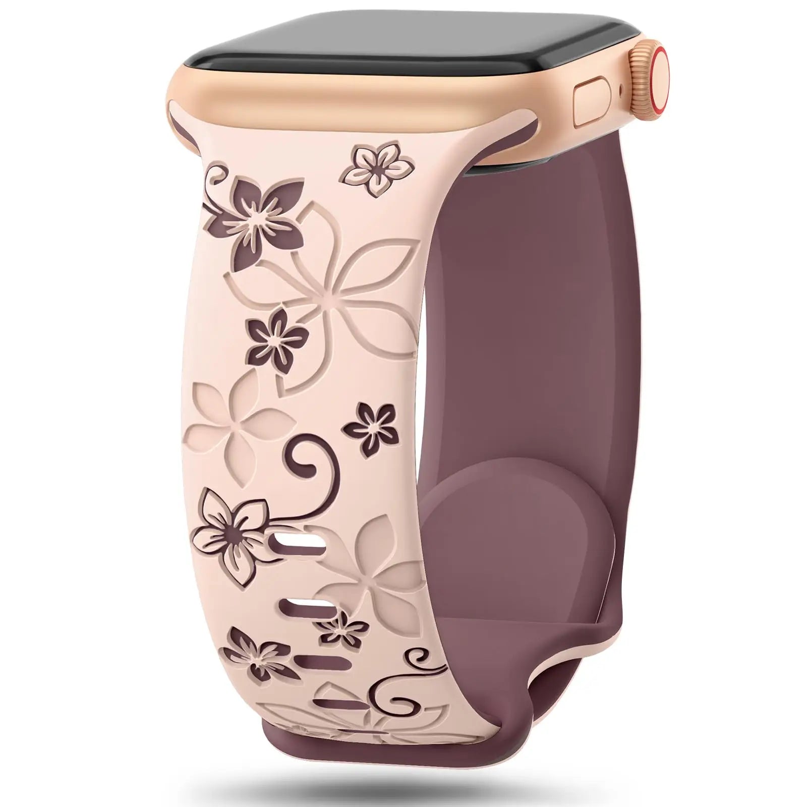 Apple Watch Silicone Strap with floral designs in pink and purple, offering style and comfort for smartwatches.