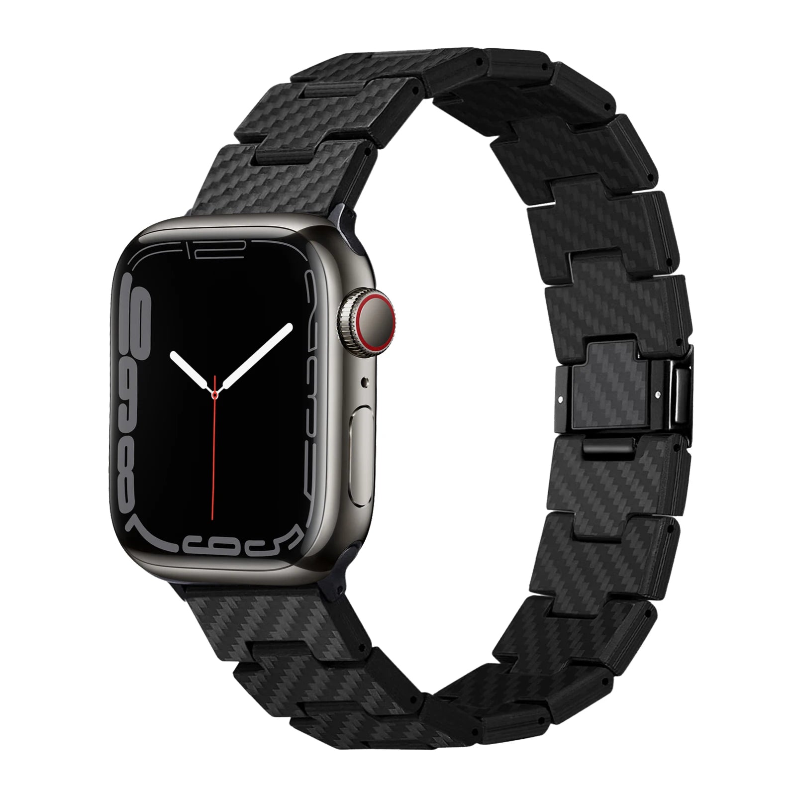 Apple Watch with carbon fiber strap, showcasing a sleek and modern design, emphasizing durability and style.