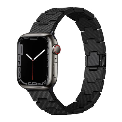 Apple Watch with carbon fiber strap, showcasing a sleek and modern design, emphasizing durability and style.