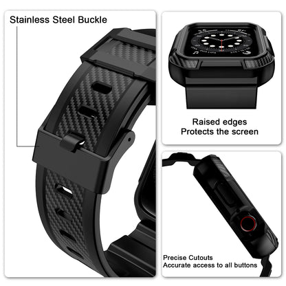 Apple Watch TPU strap with stainless steel buckle, raised edges for screen protection, and precise cutouts.