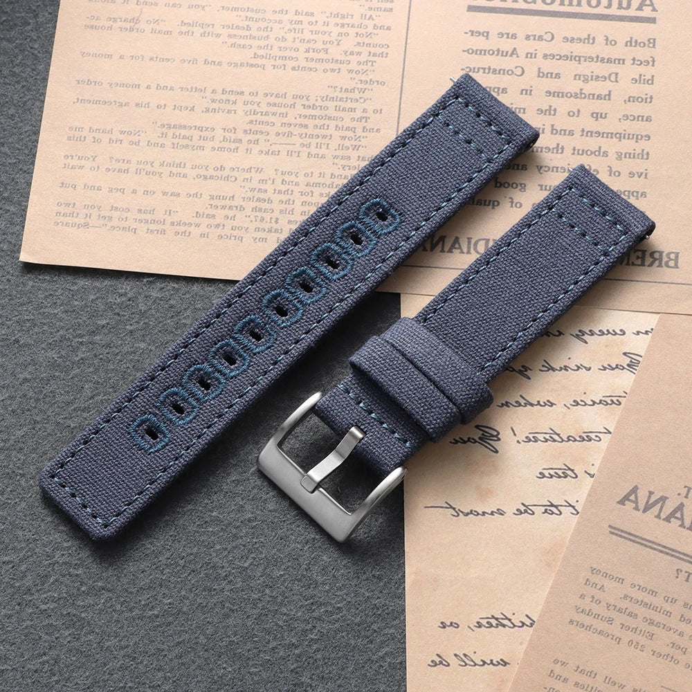 Stitched Canvas Nylon Band in Navy Blue with Silver Buckle