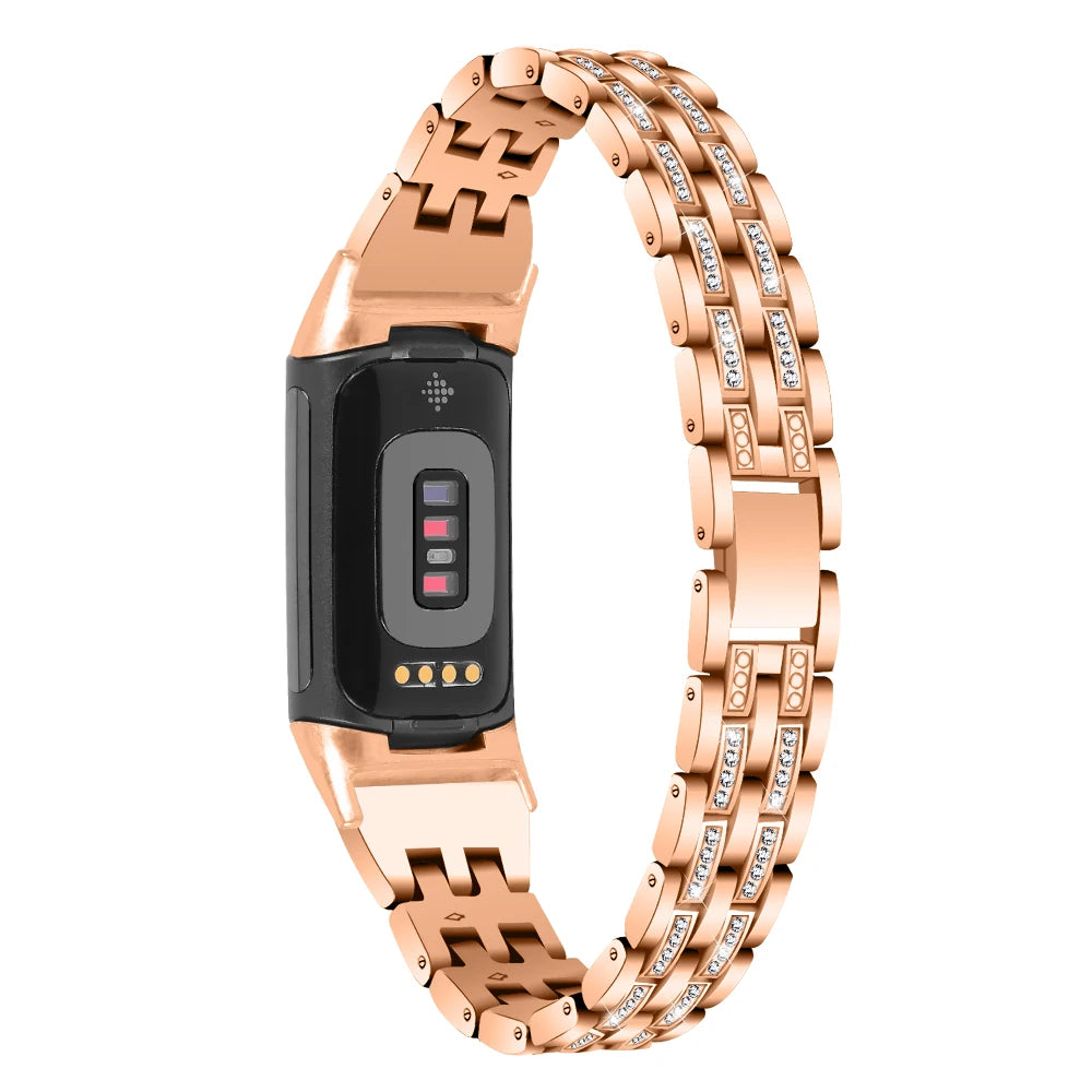 Fitbit Charge 5 with stylish rose gold metal band featuring diamond-like embellishments from Bandsco straps.