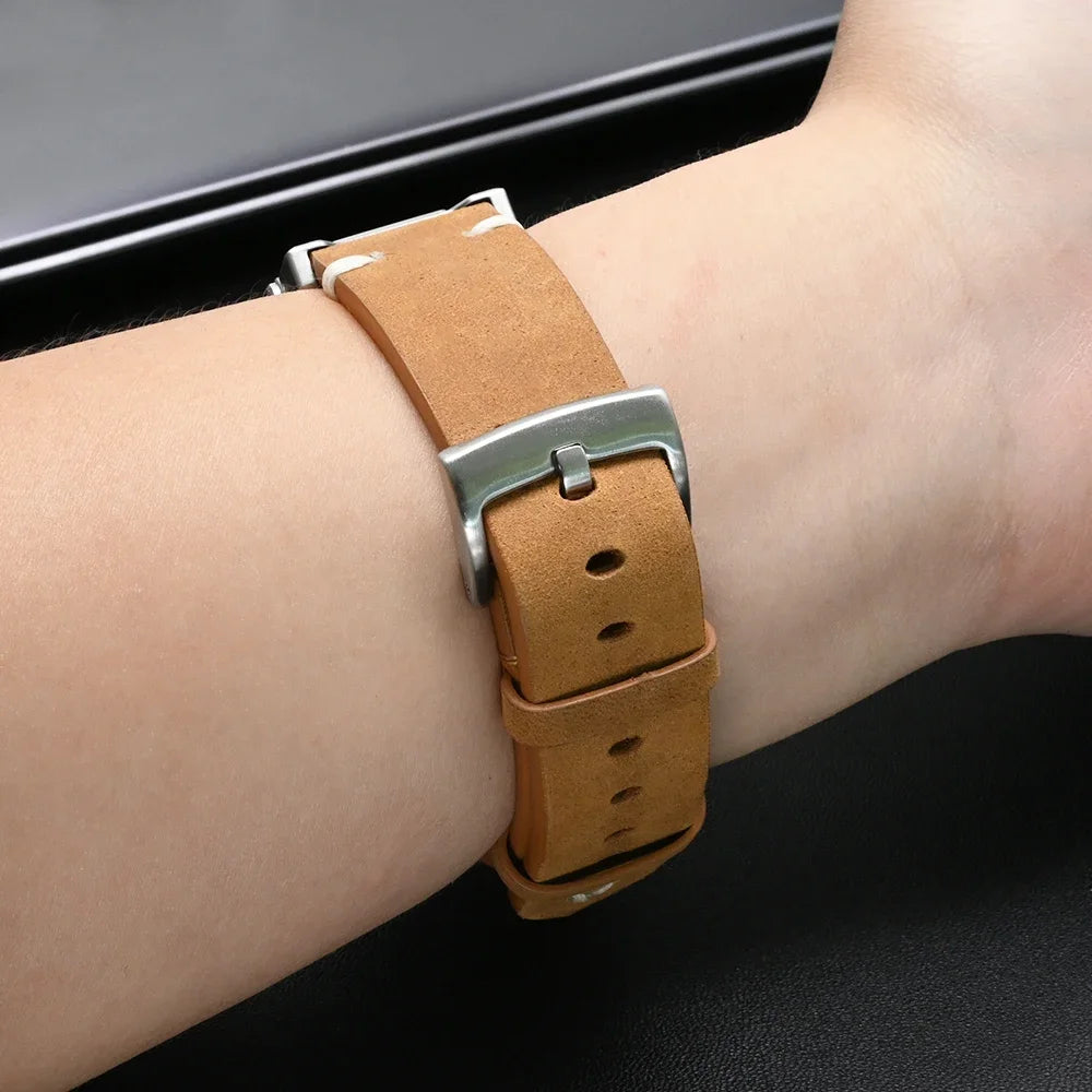Garmin leather band on a wrist, featuring a genuine premium strap for Garmin smartwatches, combining comfort and style.