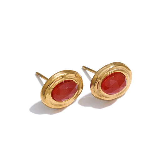 Red Agate Stud Earrings, Stainless Steel - view 1