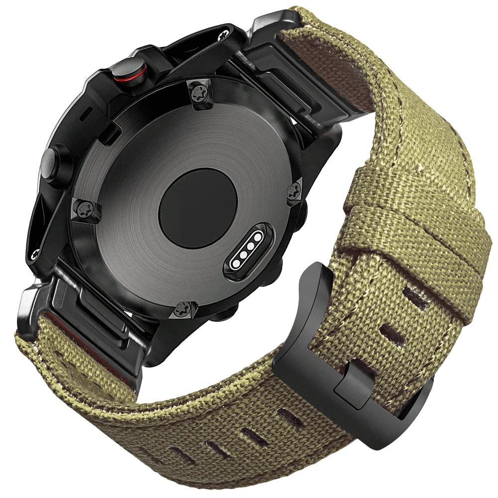 Garmin rugged nylon sport band on smartwatch, demonstrating secure G-hook closure and durable woven design.