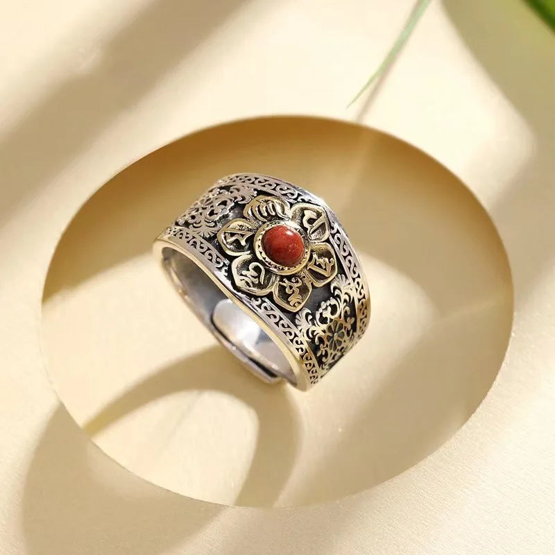 Carnelian flower ring, wide sterling silver band