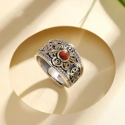 Carnelian flower ring, wide sterling silver band