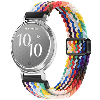Garmin Lily 2 Braided Nylon Magnetic Band in bright rainbow on a watch