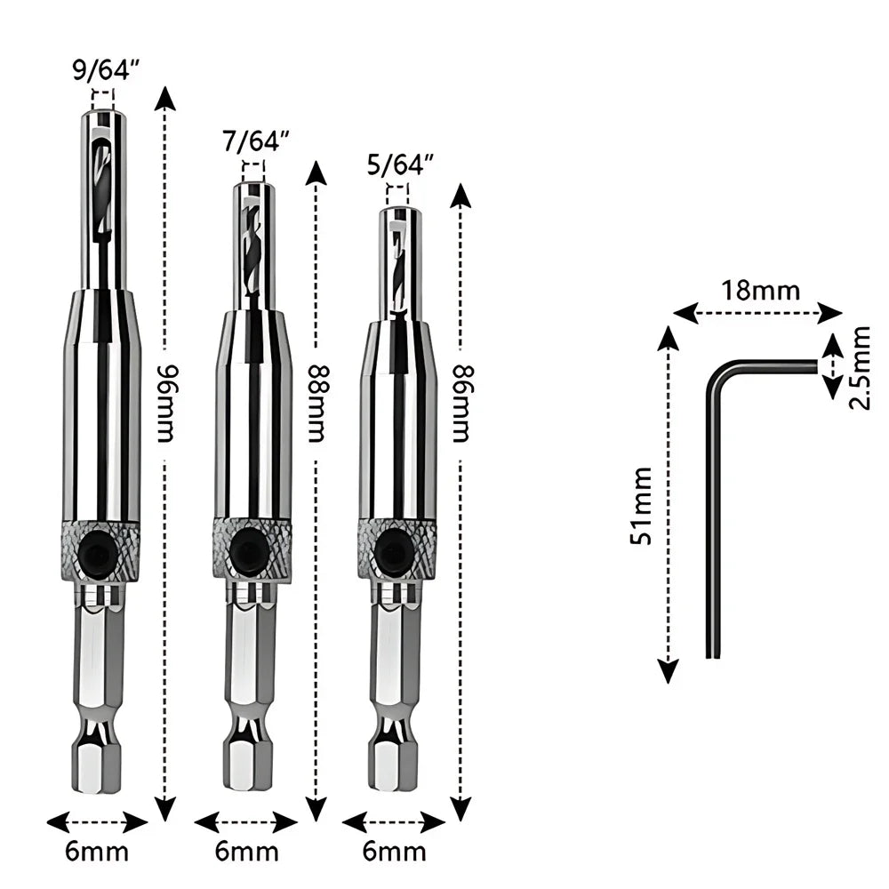 3-bit set: 5/64, 7/64 and 9/64 in. with hex key