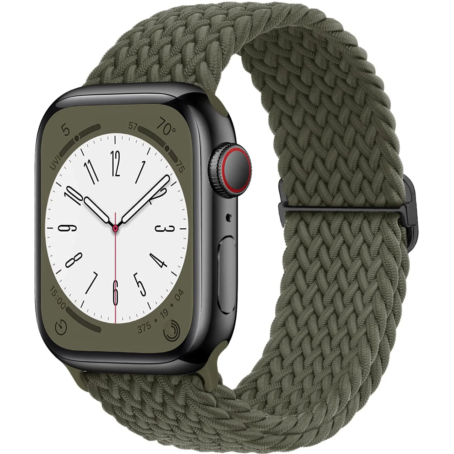 Apple Watch with olive green braided strap, showcasing a sleek design and soft elastic nylon material for comfort.