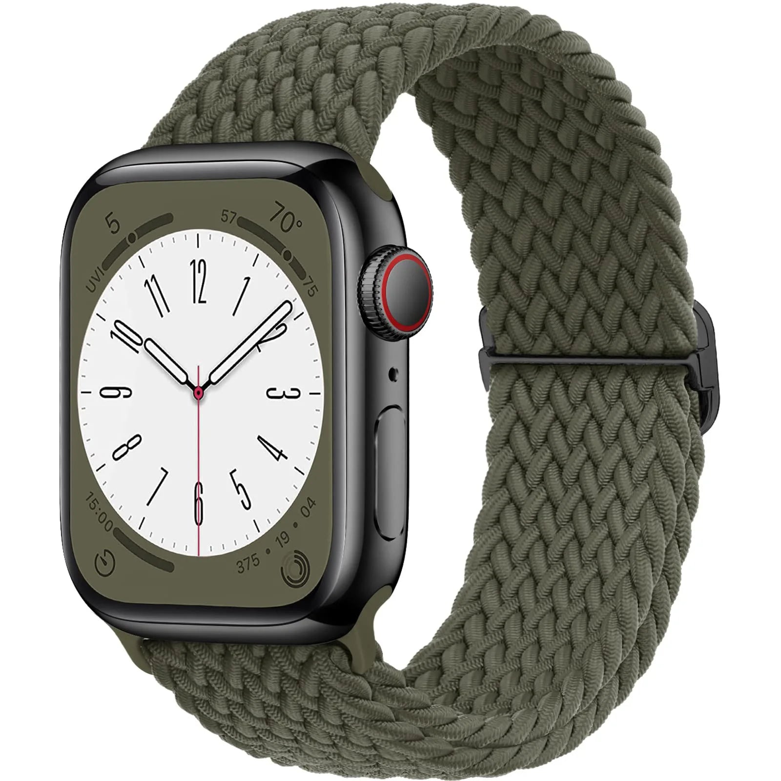 Apple Watch with olive green braided strap, showcasing a sleek design and soft elastic nylon material for comfort.