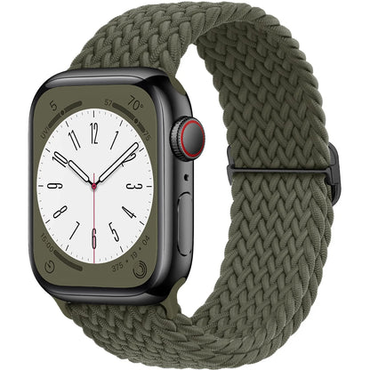 Apple Watch with olive green braided strap, showcasing a sleek design and soft elastic nylon material for comfort.