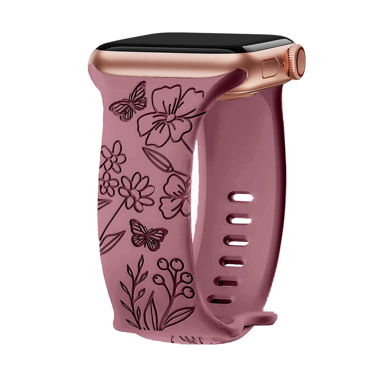 Engraved Botanical Silicone Apple Watch Band in Mauve / Flowers & Butterflies