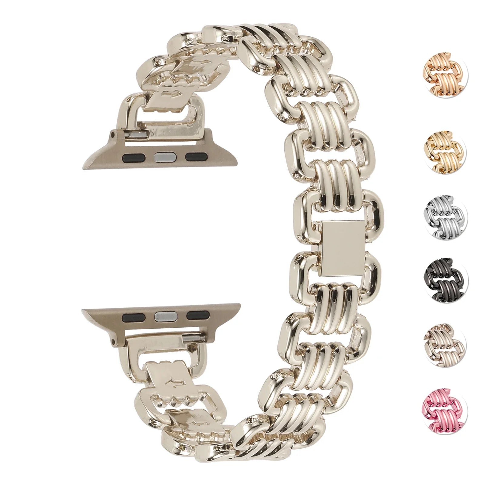 Apple Watch Metal Band with luxury chain strap, featuring adjustable design and sleek finish in silver.