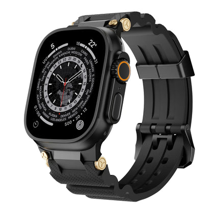 Apple Watch with black silicone sports strap, featuring waterproof design and adjustable fit for active lifestyles.