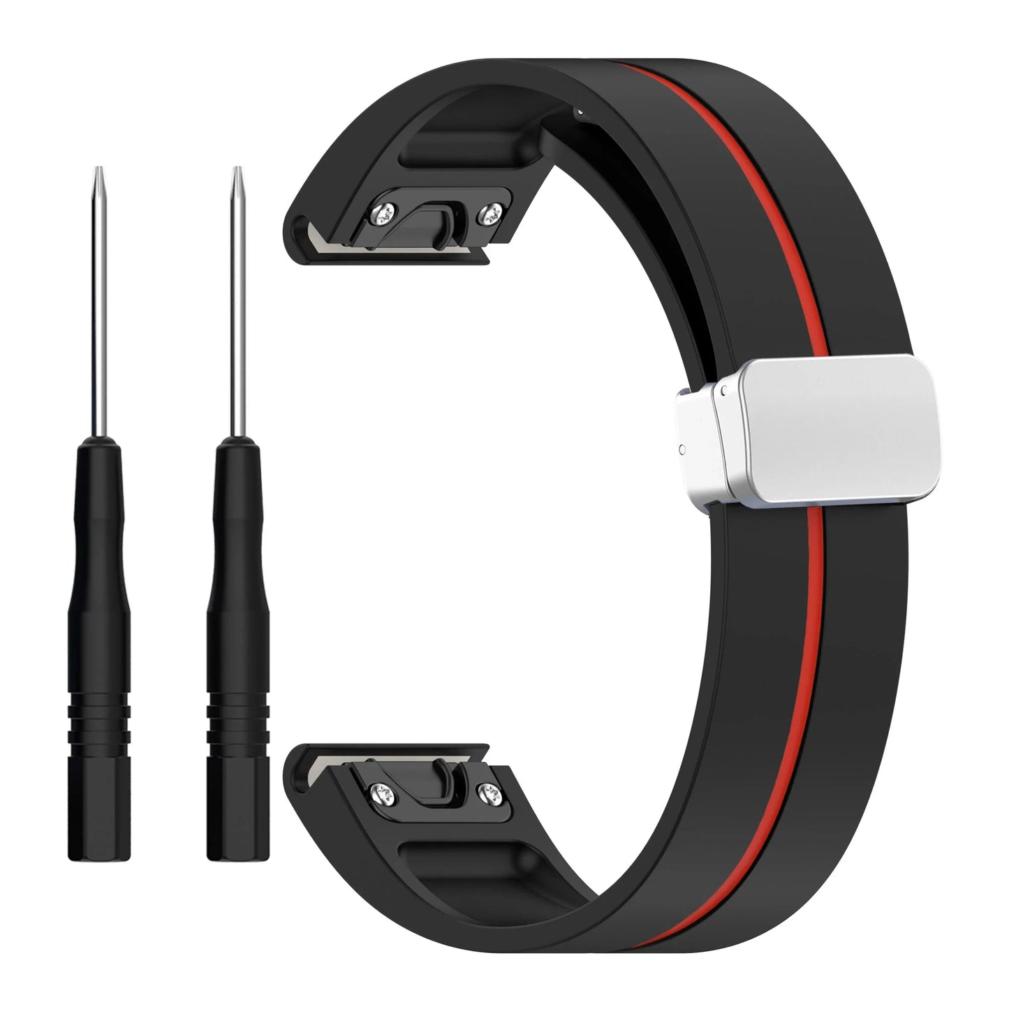 Garmin silicone strap with quickfit feature and two pin tools for smartwatch replacement, offering flexibility and comfort.