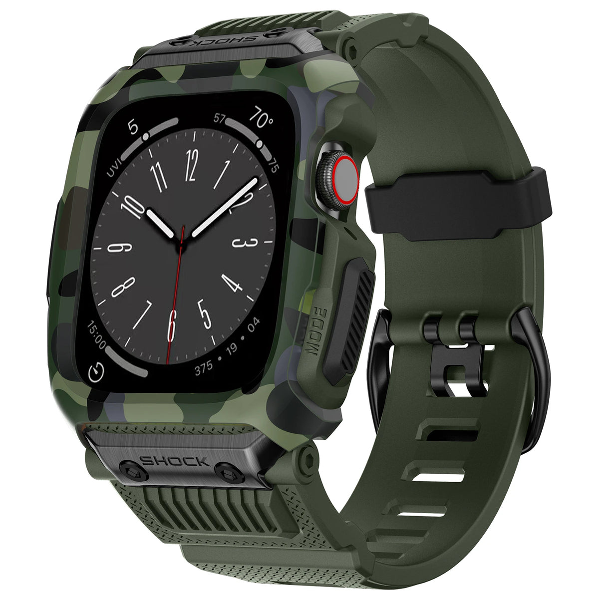 Rugged-Style Rubber Apple Watch Band with Case in Green Camo