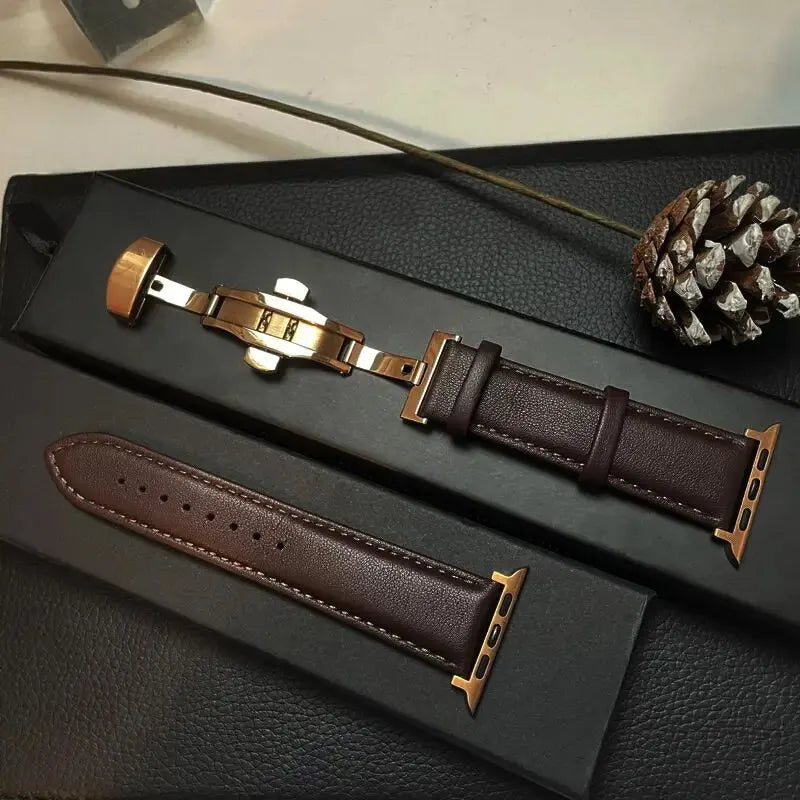 Leather Apple Watch Band with Folding Clasp in Gold / Dark Brown