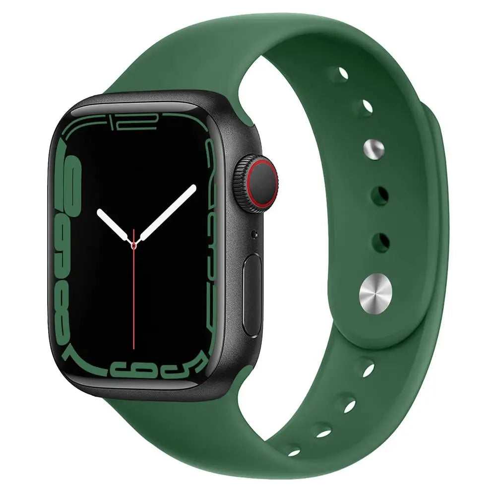 Apple Watch with green silicone strap, featuring a sleek design and comfortable fit for daily wear.