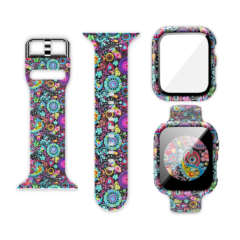 Colorful silicone Apple Watch strap with unique printed designs, showcasing vibrant patterns and styles.
