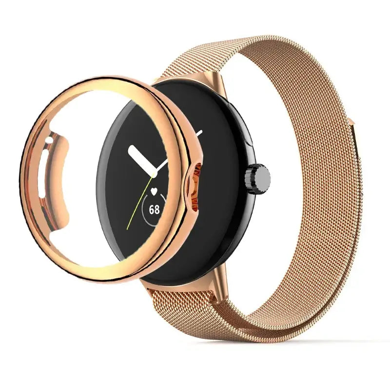 Rose gold Milanese mesh Pixel Watch band and matching case