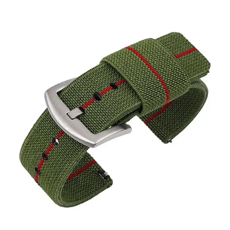 Lightweight green nylon Suunto watch band with red stripes and a silver buckle for ultra-comfortable fit.