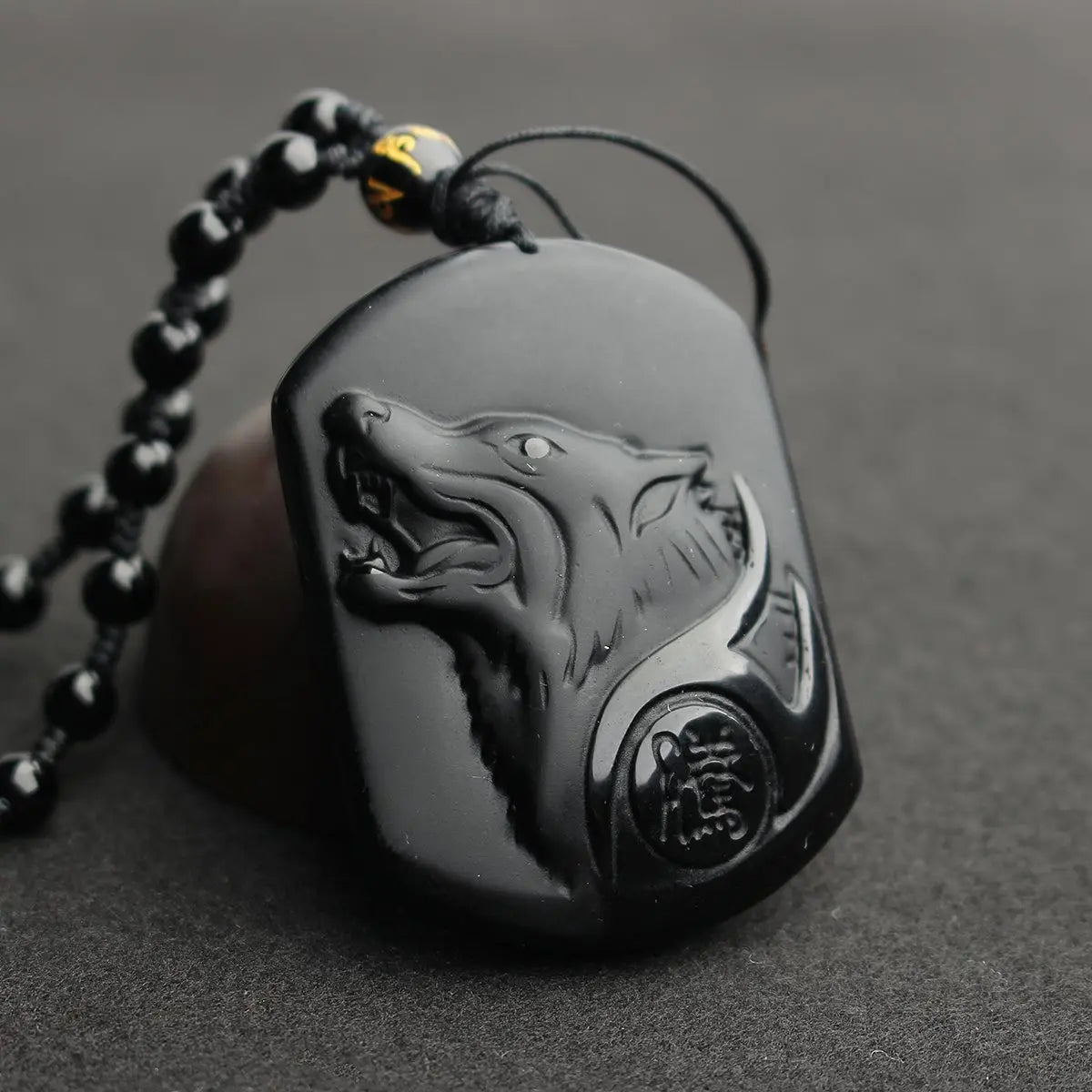 Carved Obsidian Wolf Head Pendant Necklace on Obsidian Bead Chain