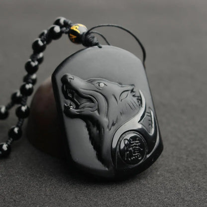 Carved Obsidian Wolf Head Pendant Necklace on Obsidian Bead Chain