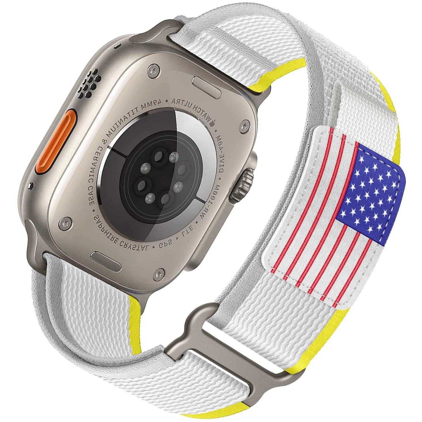 Apple Watch with Rugged Trail Loop Nylon Band featuring adjustable white strap and American flag design.