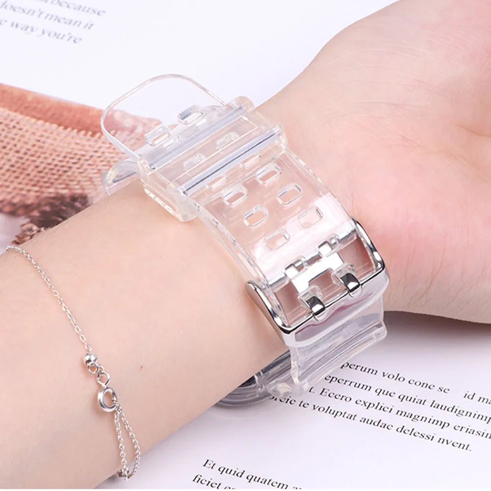 Transparent silicone strap for Apple Watch shown on wrist, featuring a stylish design and comfortable fit.