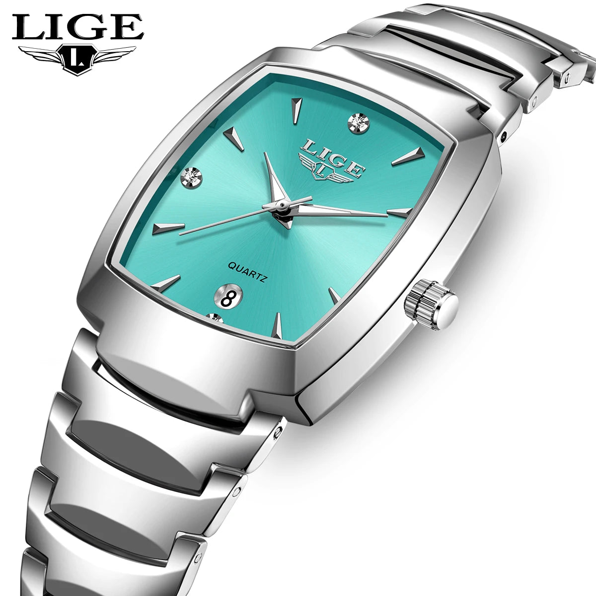 Women's Sculpted Bracelet Tonneau Quartz Watch — Turquoise dial close-up — BandsCo Straps