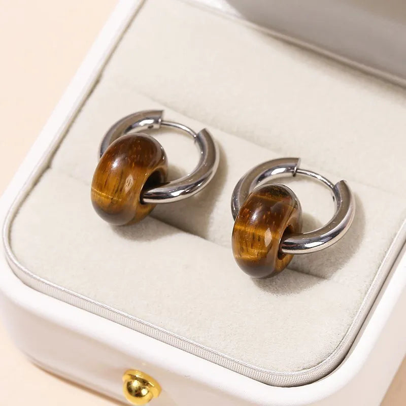 Tiger's eye donut drop earrings, stainless steel, 18mm