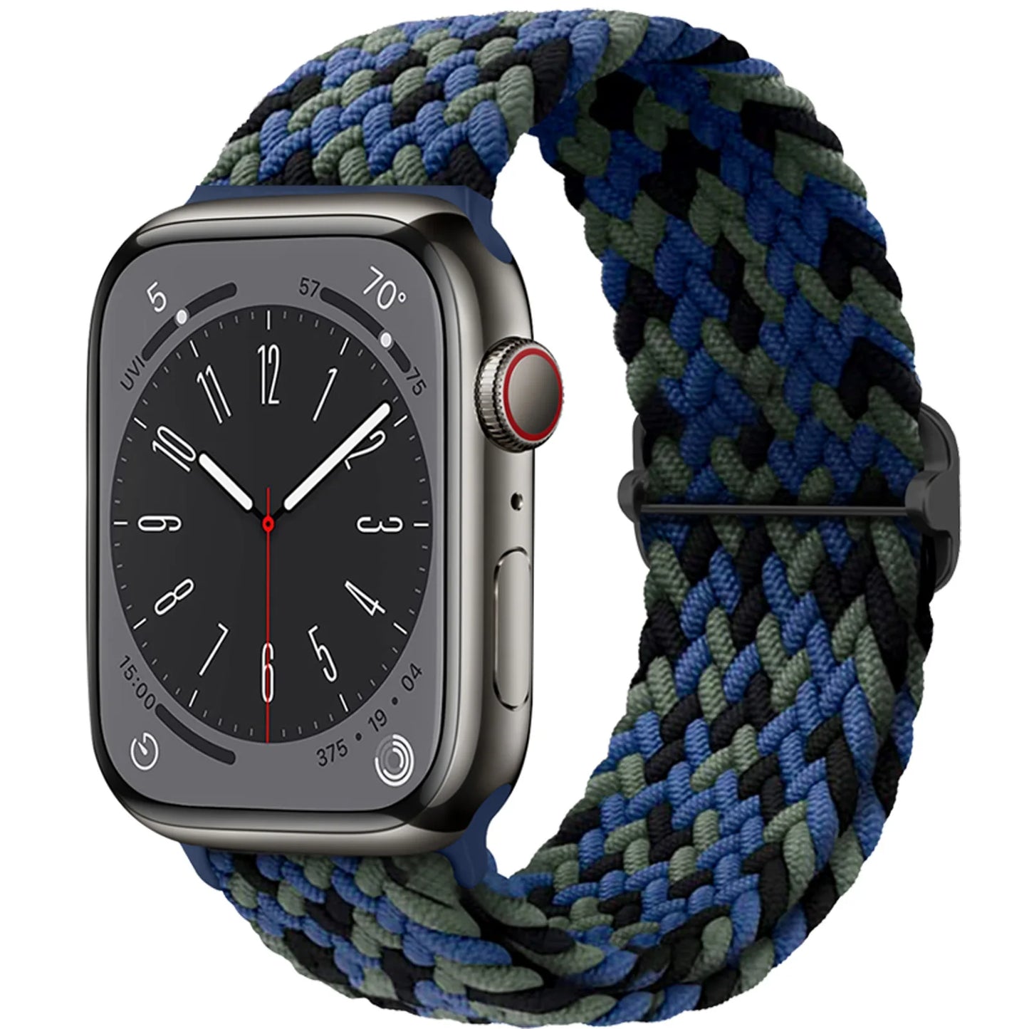 Apple Watch with braided soft elastic nylon strap in blue and green, showcasing comfort and style for daily wear.