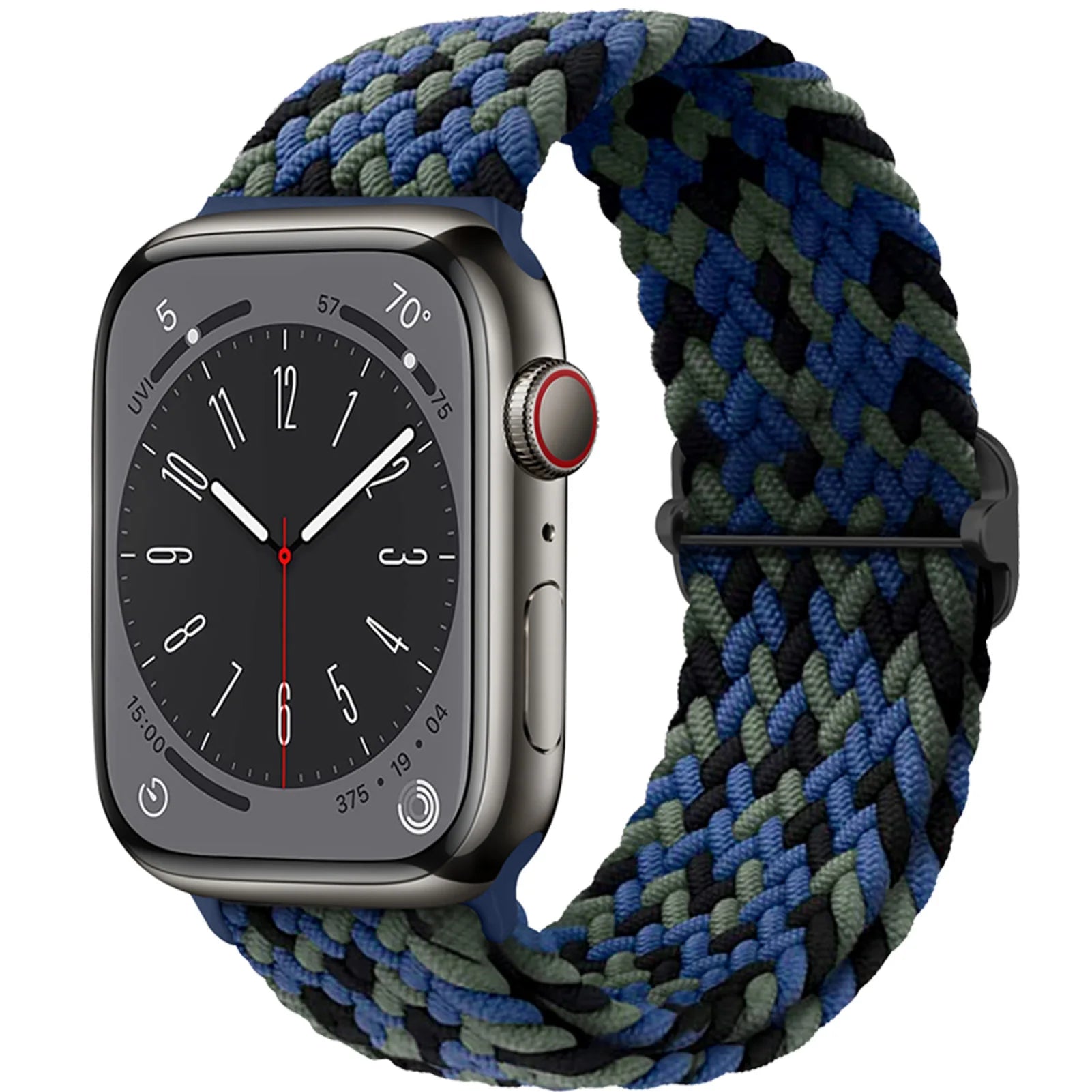 Apple Watch with braided soft elastic nylon strap in blue and green, showcasing comfort and style for daily wear.