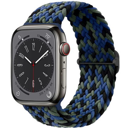 Apple Watch with braided soft elastic nylon strap in blue and green, showcasing comfort and style for daily wear.
