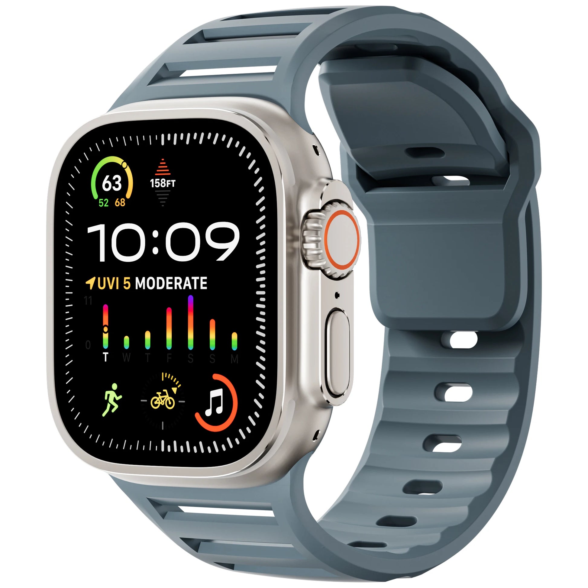 Apple Watch with Sport Silicone Strap, flexible and waterproof, designed for comfort during workouts and active lifestyles.