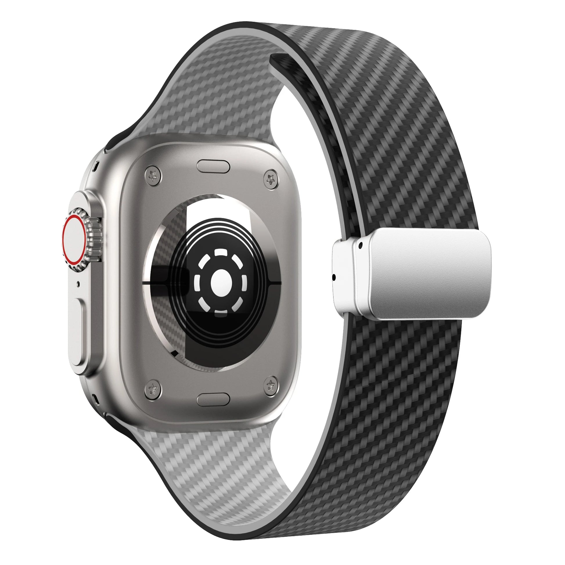 Apple Watch with silicone strap featuring magnetic buckle, showcasing a sleek carbon design and secure fit.