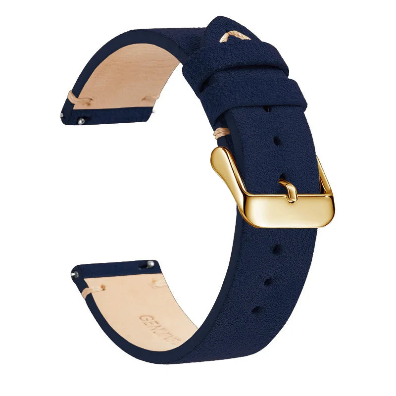 OnePlus Leather Quick Release Watch Band Strap for Smartwatch in navy blue with gold buckle, showcasing soft elastic parachute fabric.