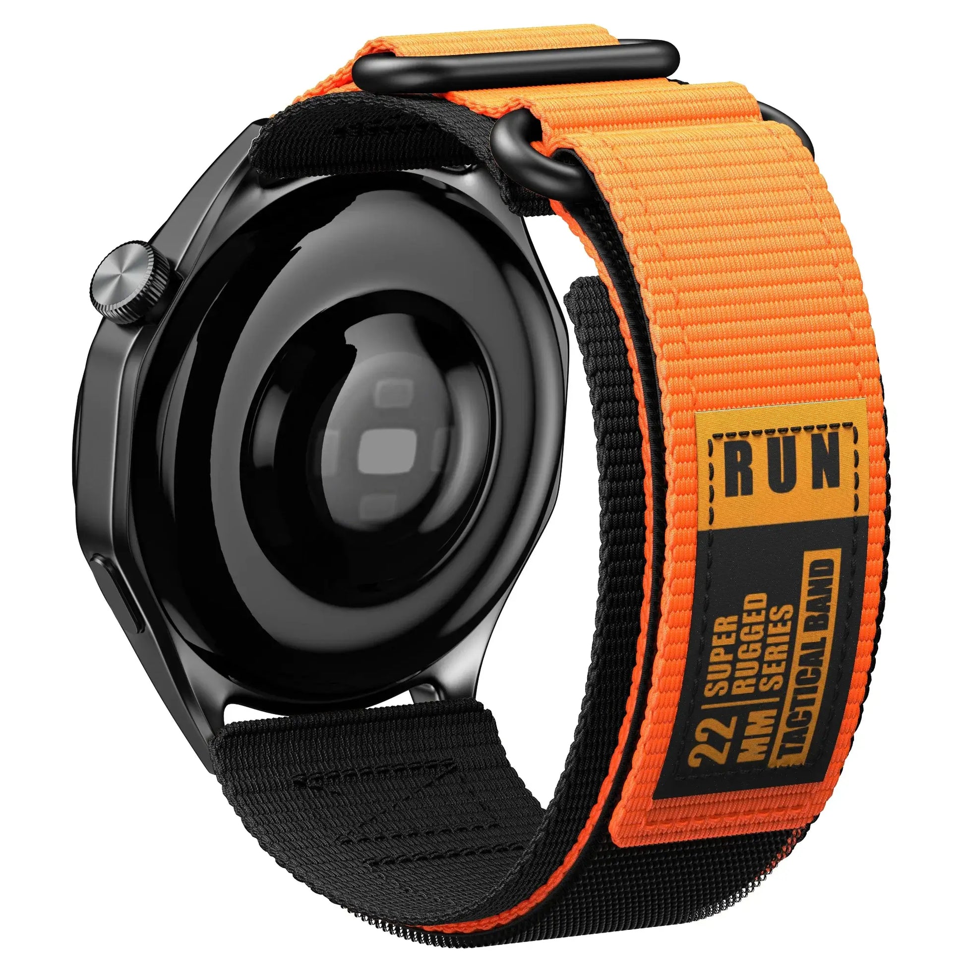 Nylon Velcro watch band for Samsung Galaxy Watch, featuring rugged design and bright orange accents.
