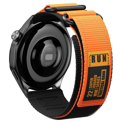 Nylon Velcro watch band for Samsung Galaxy Watch, featuring rugged design and bright orange accents.