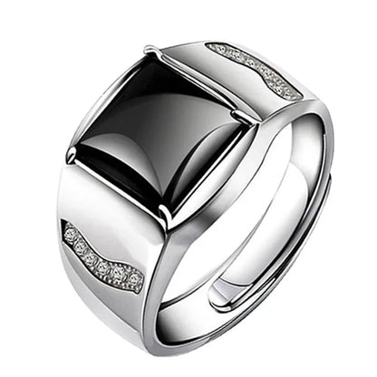 Black Agate Geometric Ring, 925 Sterling Silver - view 1