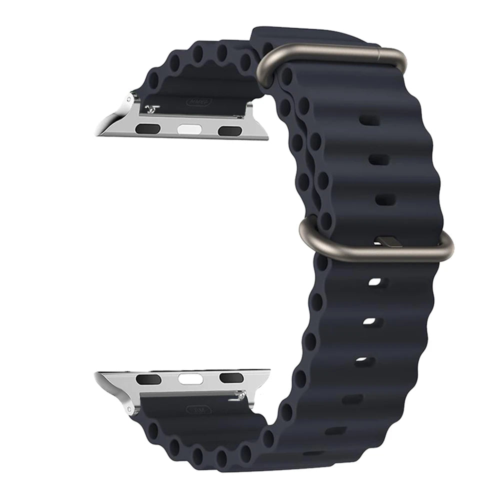Midnight ribbed silicone Apple Watch band with metal buckle and keeper